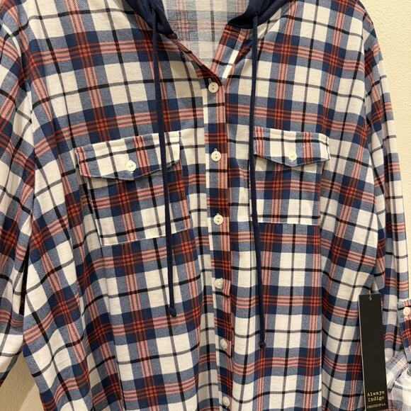 NWT Always Indigo Women’s Top Button Up Plus Size 3X Red Blue Plaid Flannel Look - Picture 4 of 11